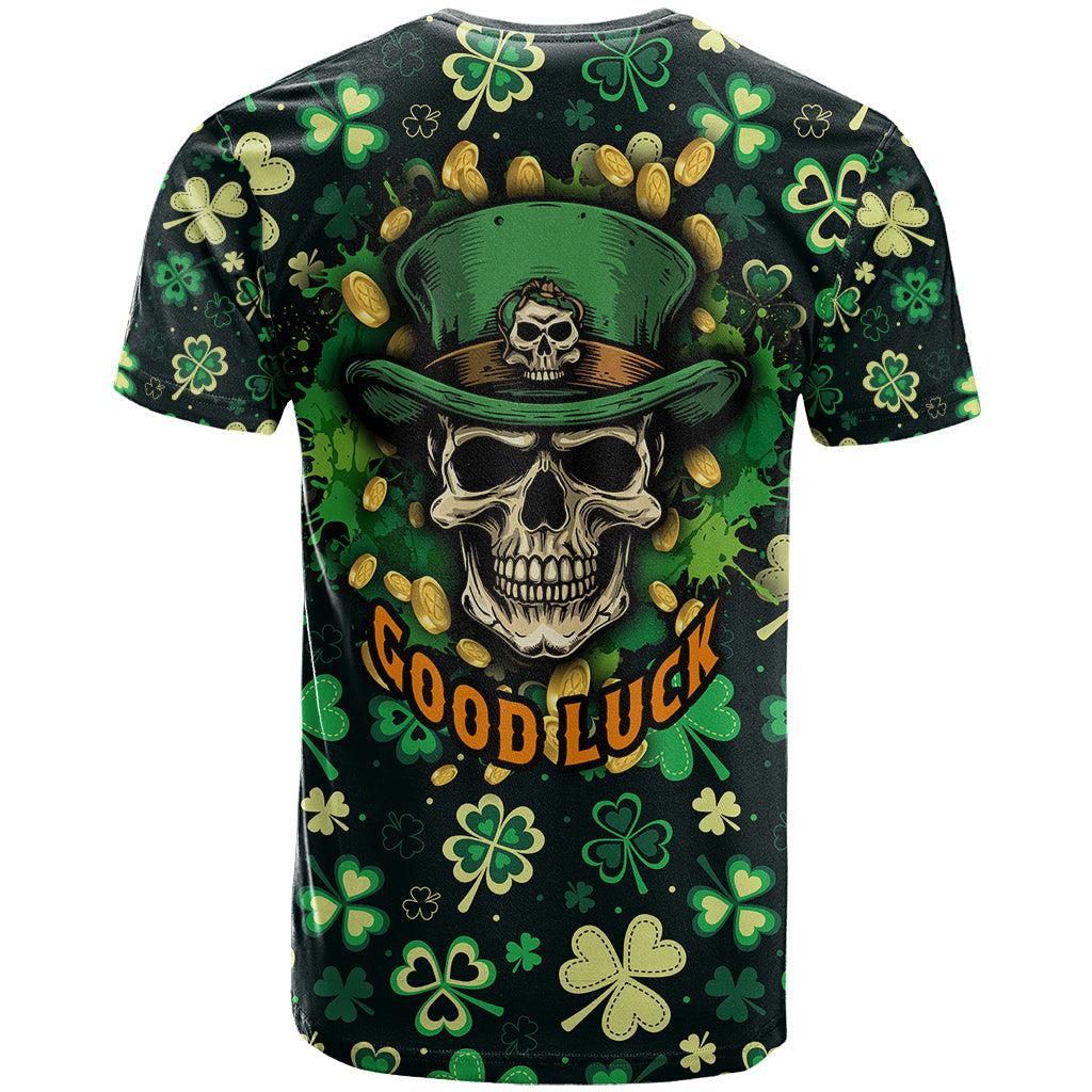 Skull and Shamrock Leaf Pattern T-Shirt Good Luck Graphic Tee