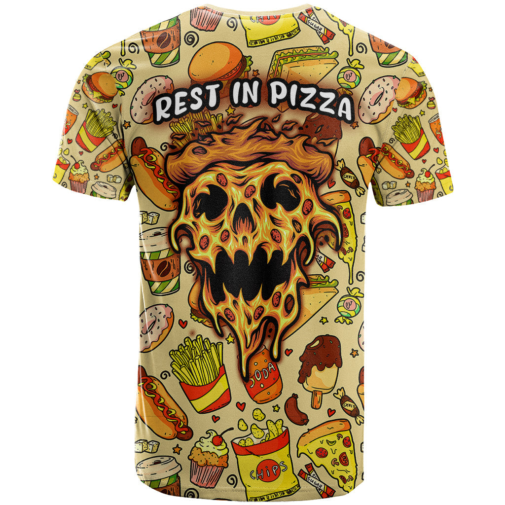 Skull Pizza Pattern T-Shirt Rest in pizza Graphic Tee