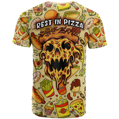 Skull Pizza Pattern T-Shirt Rest in pizza Graphic Tee