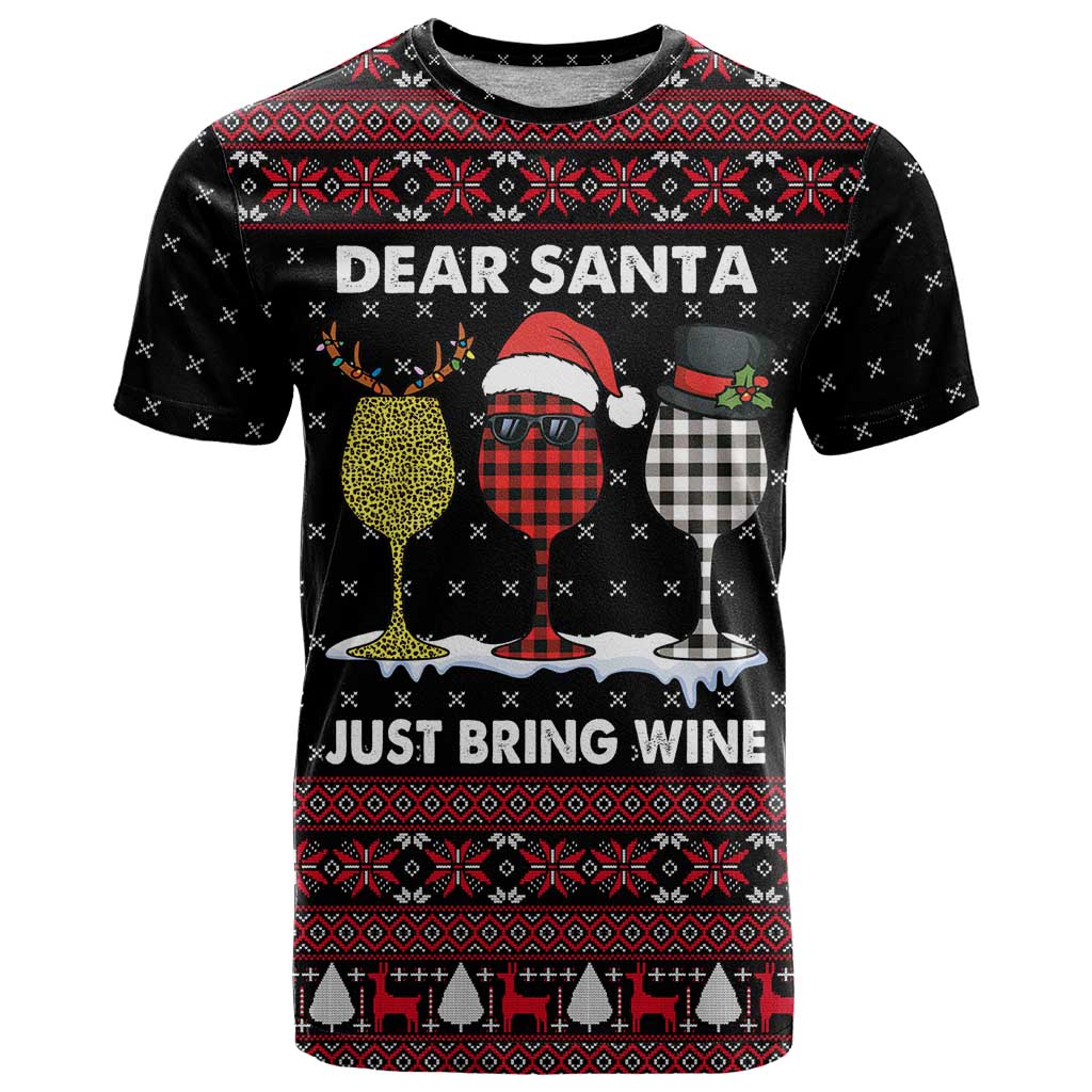 Santa Just Bring Wine Christmas T-Shirt Xmas Holiday Patterns Graphic Tee