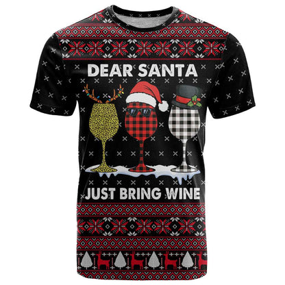 Santa Just Bring Wine Christmas T-Shirt Xmas Holiday Patterns Graphic Tee