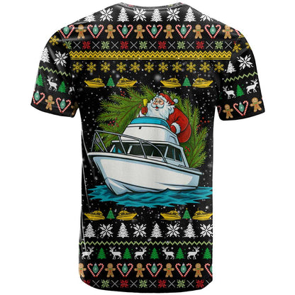 Santa On A Boat Christmas T-Shirt Xmas Holiday Patterns Graphic Tee