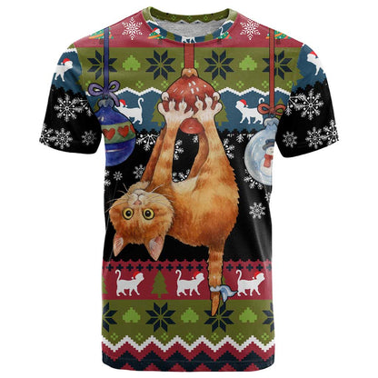 Cat Hanging on Xmas Tree Christmas T-Shirt Xmas Holiday Patterns Graphic Tee