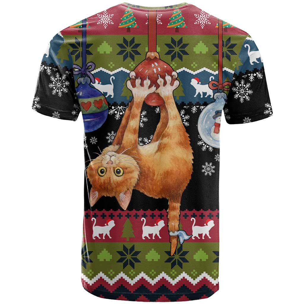 Cat Hanging on Xmas Tree Christmas T-Shirt Xmas Holiday Patterns Graphic Tee