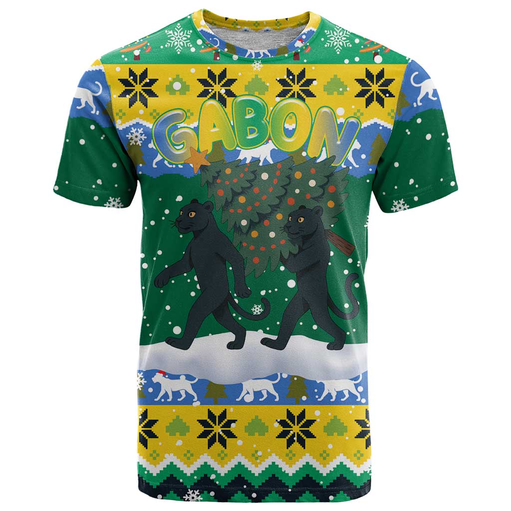 Gabon Christmas T-Shirt with Black Panthers Carrying Tree and Green Yellow Snowflake Pattern Graphic Tee