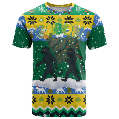 Gabon Christmas T-Shirt with Black Panthers Carrying Tree and Green Yellow Snowflake Pattern Graphic Tee