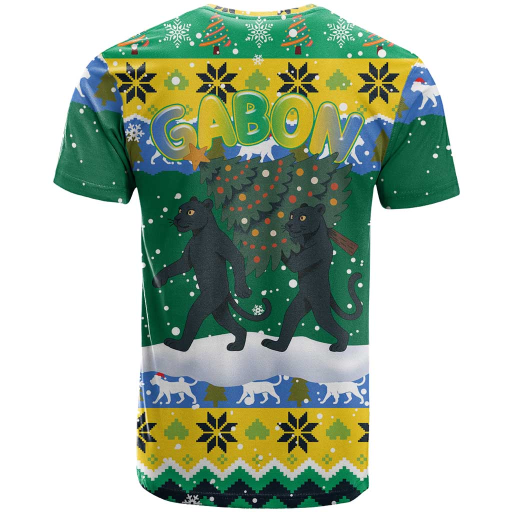 Gabon Christmas T-Shirt with Black Panthers Carrying Tree and Green Yellow Snowflake Pattern Graphic Tee