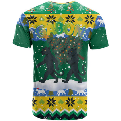 Gabon Christmas T-Shirt with Black Panthers Carrying Tree and Green Yellow Snowflake Pattern Graphic Tee