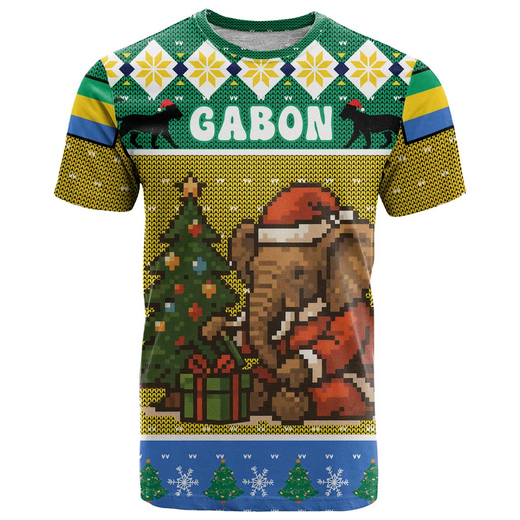Gabon Christmas T-Shirt with Pixel Art Elephant Santa Christmas Tree and Flag Colors Pattern Graphic Tee