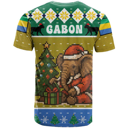 Gabon Christmas T-Shirt with Pixel Art Elephant Santa Christmas Tree and Flag Colors Pattern Graphic Tee