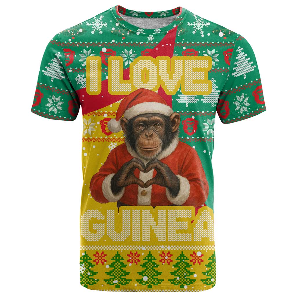 Guinea Christmas T-Shirt with Santa Chimpanzee Heart Hands and Green Red Snowflake Pattern Graphic Tee