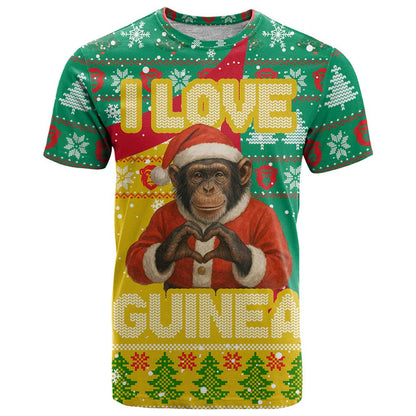 Guinea Christmas T-Shirt with Santa Chimpanzee Heart Hands and Green Red Snowflake Pattern Graphic Tee