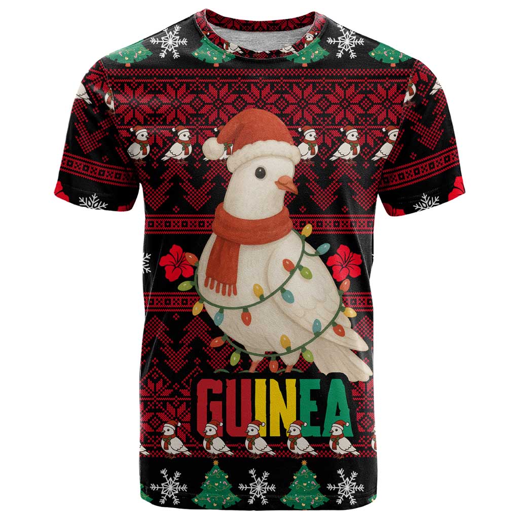 Guinea Christmas T-Shirt with Festive Dove String Lights and Red Black Holiday Pattern Graphic Tee
