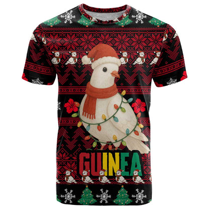 Guinea Christmas T-Shirt with Festive Dove String Lights and Red Black Holiday Pattern Graphic Tee
