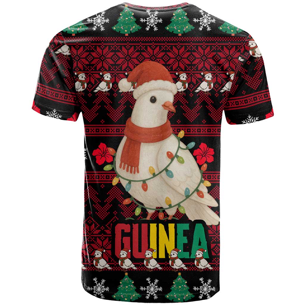 Guinea Christmas T-Shirt with Festive Dove String Lights and Red Black Holiday Pattern Graphic Tee