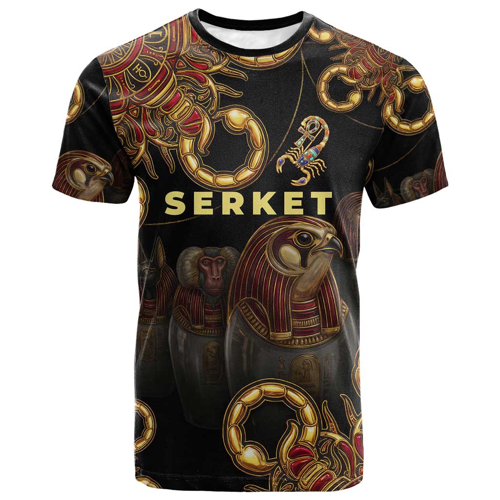 Serket Ancient Egyptian T-Shirt with Canopic Jars and Scorpion Motif in Protection Graphic Tee
