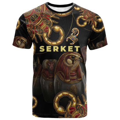 Serket Ancient Egyptian T-Shirt with Canopic Jars and Scorpion Motif in Protection Graphic Tee