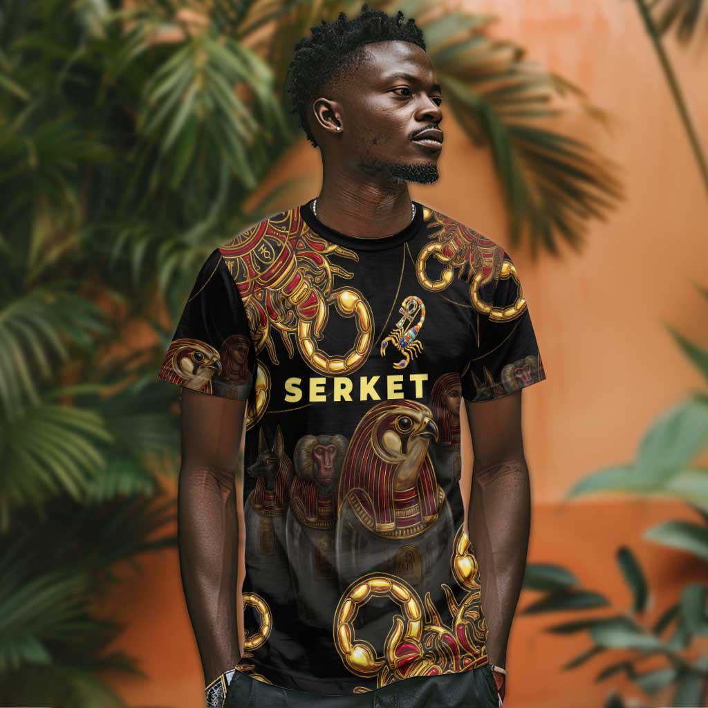 Serket Ancient Egyptian T-Shirt with Canopic Jars and Scorpion Motif in Protection Graphic Tee