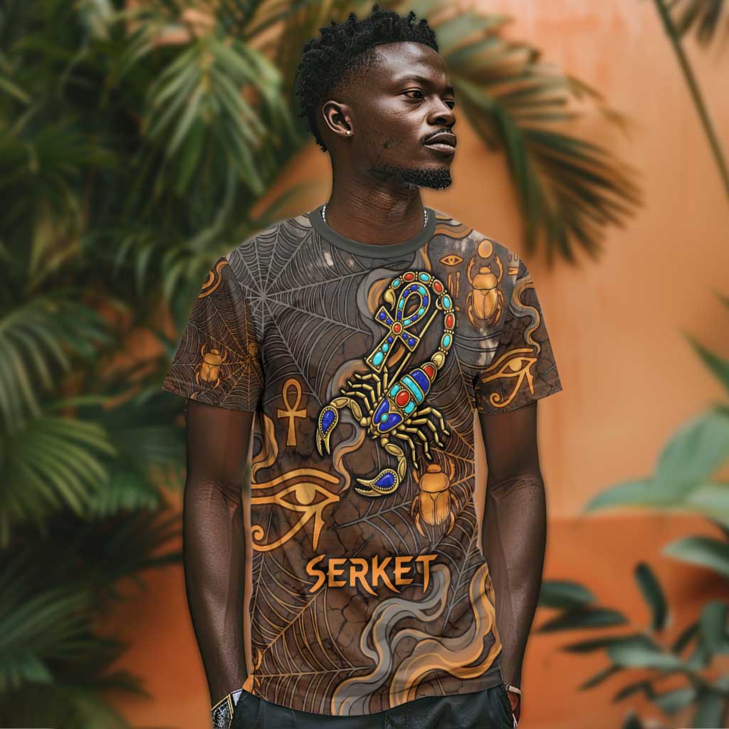 Serket Egyptian T-Shirt Jeweled Scorpion and Cobweb Motif in Mystical Egyptian Graphic Tee