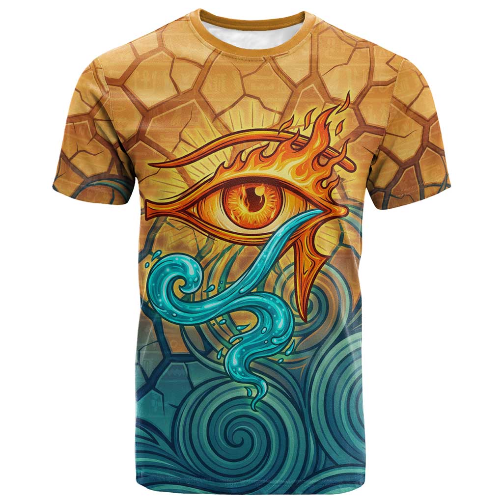 Egyptian Tefnut Fiery Eye T-Shirt with Roaring Lion in Desert and Water Element Graphic Tee