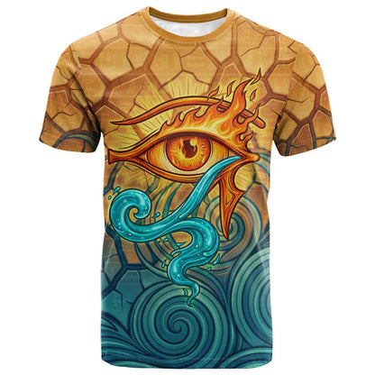 Egyptian Tefnut Fiery Eye T-Shirt with Roaring Lion in Desert and Water Element Graphic Tee