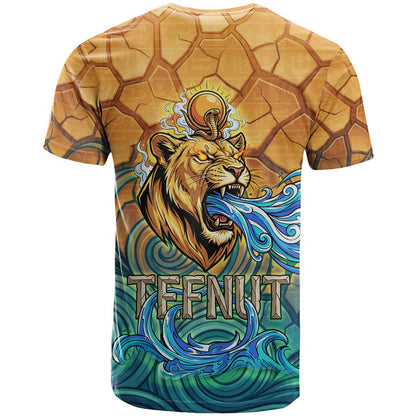 Egyptian Tefnut Fiery Eye T-Shirt with Roaring Lion in Desert and Water Element Graphic Tee