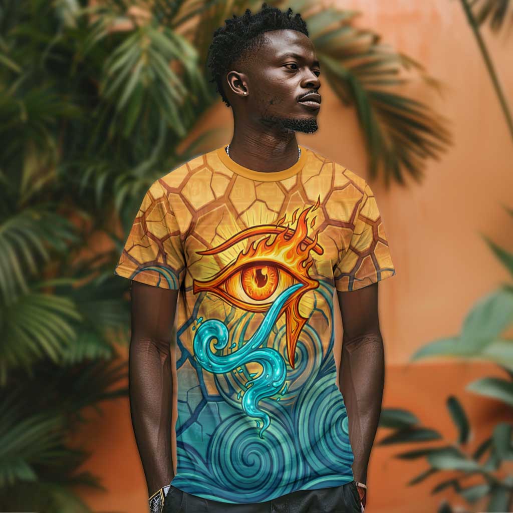Egyptian Tefnut Fiery Eye T-Shirt with Roaring Lion in Desert and Water Element Graphic Tee