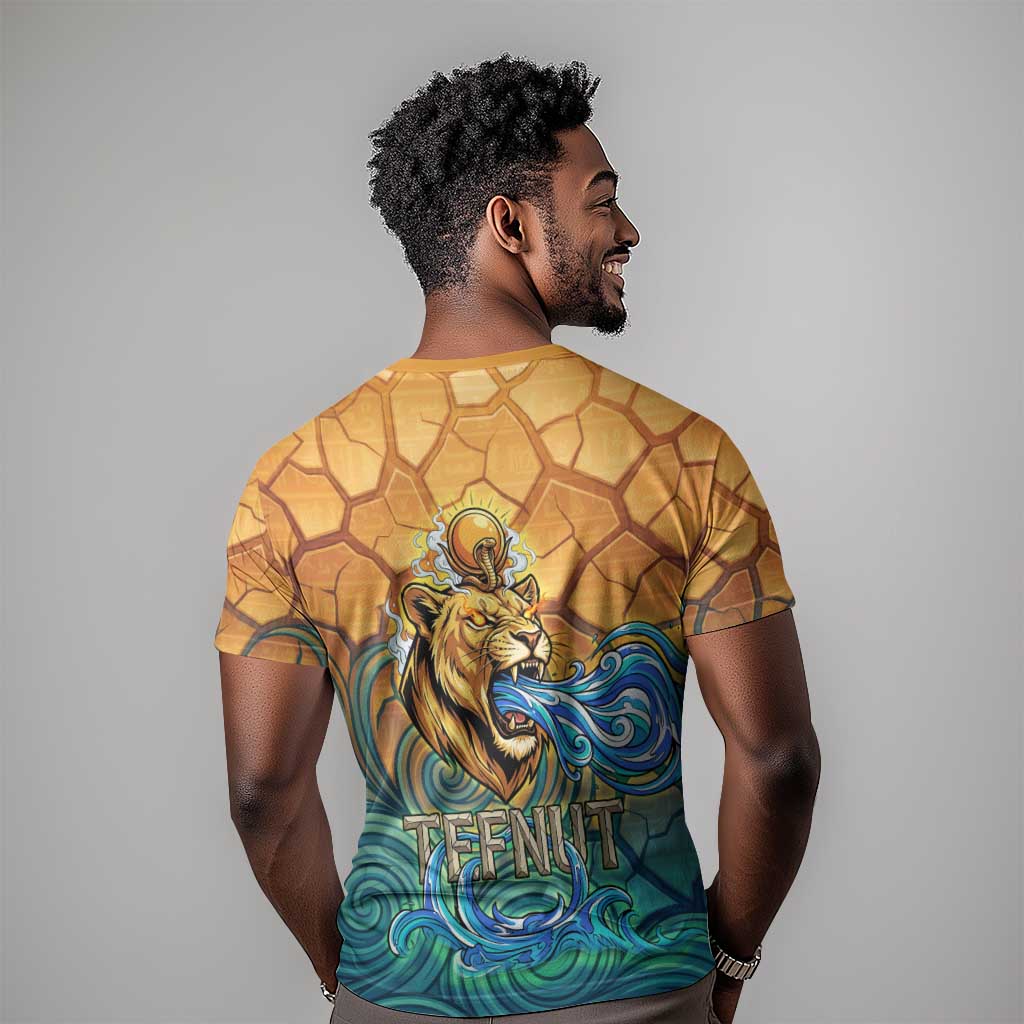 Egyptian Tefnut Fiery Eye T-Shirt with Roaring Lion in Desert and Water Element Graphic Tee