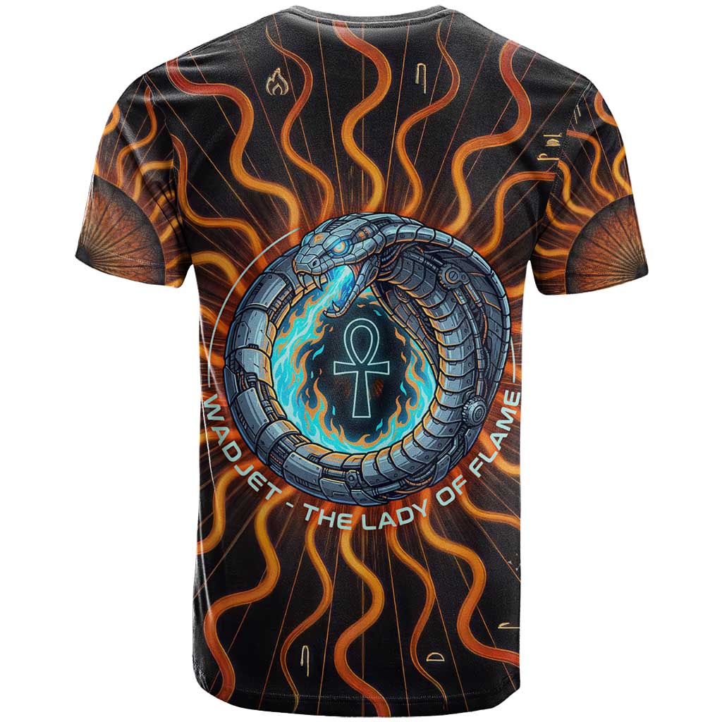 Wadjet Fiery Serpent T-Shirt Egyptian Ankh Symbol in Dark Flame Protector Theme Graphic Tee