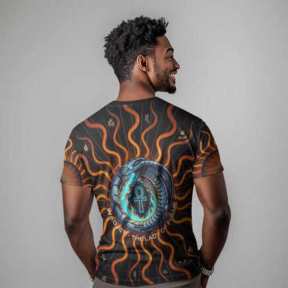 Wadjet Fiery Serpent T-Shirt Egyptian Ankh Symbol in Dark Flame Protector Theme Graphic Tee