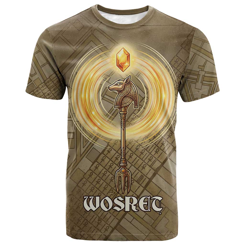 Wosret Egyptian T-Shirt with Golden Scepter and Archer Motif in Ancient Protector Graphic Tee