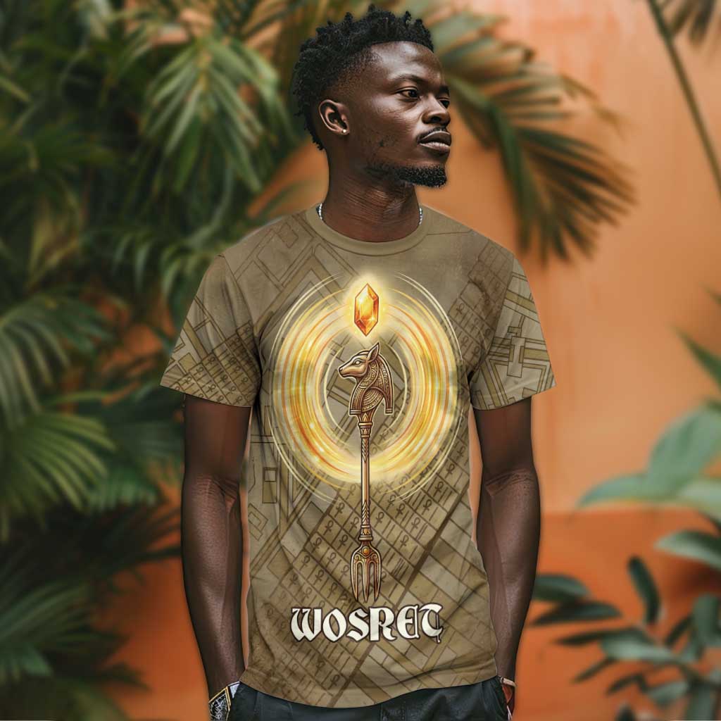 Wosret Egyptian T-Shirt with Golden Scepter and Archer Motif in Ancient Protector Graphic Tee