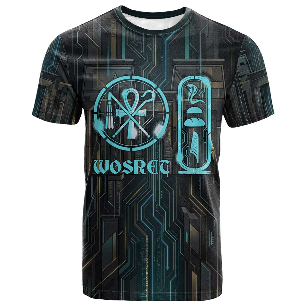 Wosret Winged Crown T-Shirt Egyptian Cyber Circuit Design in Futuristic Blue Theme Graphic Tee