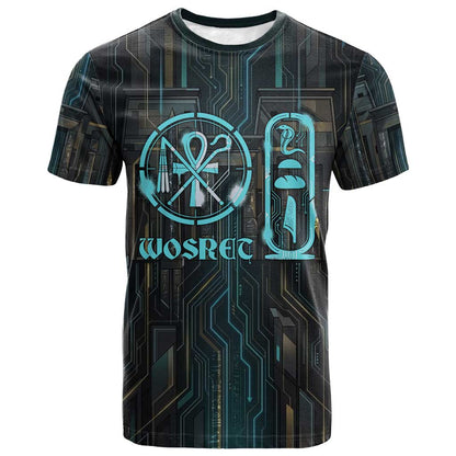 Wosret Winged Crown T-Shirt Egyptian Cyber Circuit Design in Futuristic Blue Theme Graphic Tee