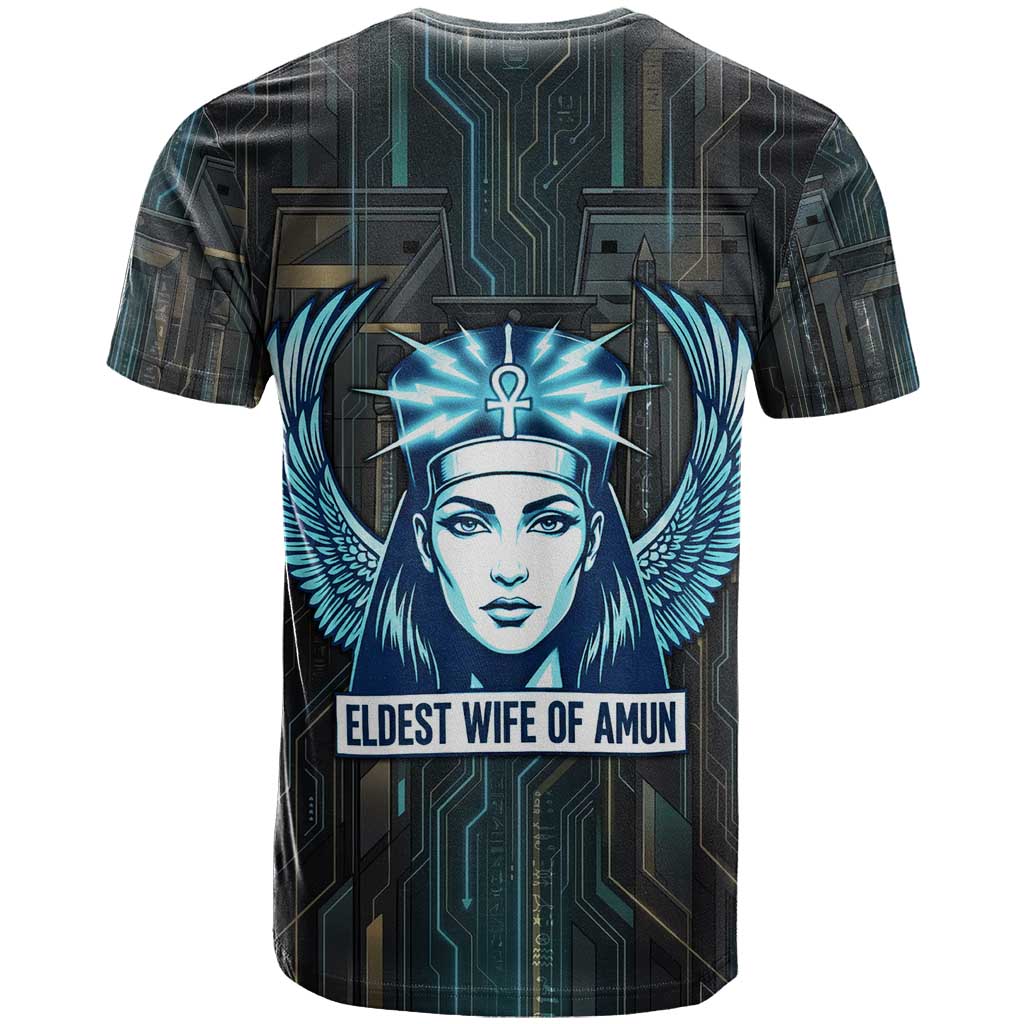 Wosret Winged Crown T-Shirt Egyptian Cyber Circuit Design in Futuristic Blue Theme Graphic Tee