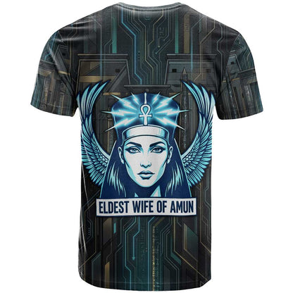 Wosret Winged Crown T-Shirt Egyptian Cyber Circuit Design in Futuristic Blue Theme Graphic Tee