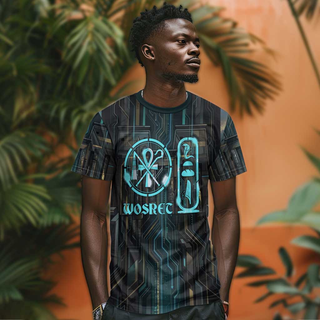 Wosret Winged Crown T-Shirt Egyptian Cyber Circuit Design in Futuristic Blue Theme Graphic Tee