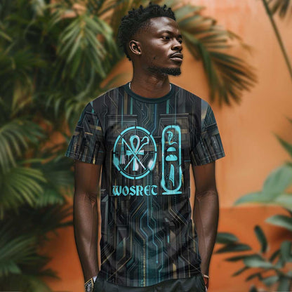 Wosret Winged Crown T-Shirt Egyptian Cyber Circuit Design in Futuristic Blue Theme Graphic Tee