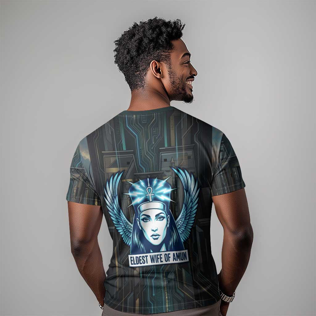 Wosret Winged Crown T-Shirt Egyptian Cyber Circuit Design in Futuristic Blue Theme Graphic Tee