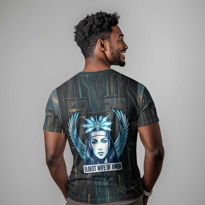 Wosret Winged Crown T-Shirt Egyptian Cyber Circuit Design in Futuristic Blue Theme Graphic Tee