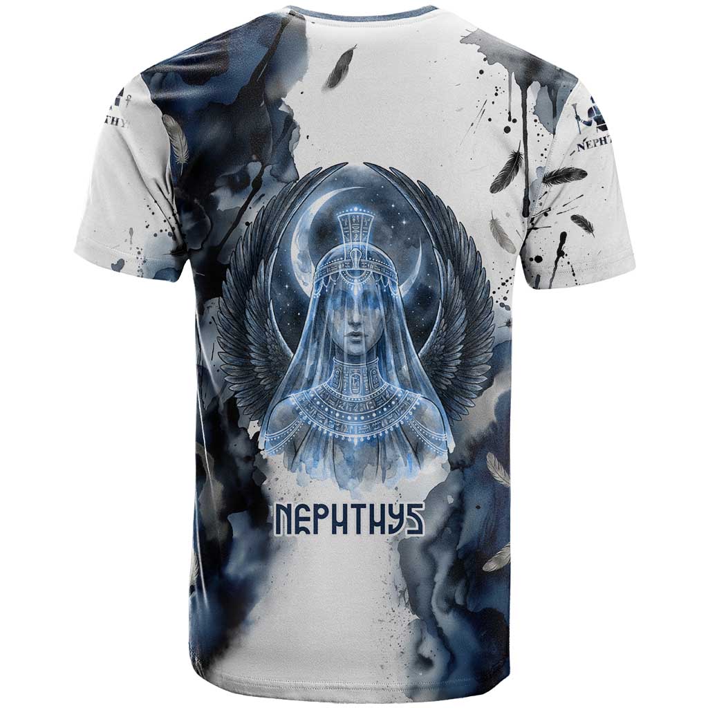 Nephthys Egyptian T-Shirt The Dark Sister Falcon Wings Moon Veil Graphic Tee