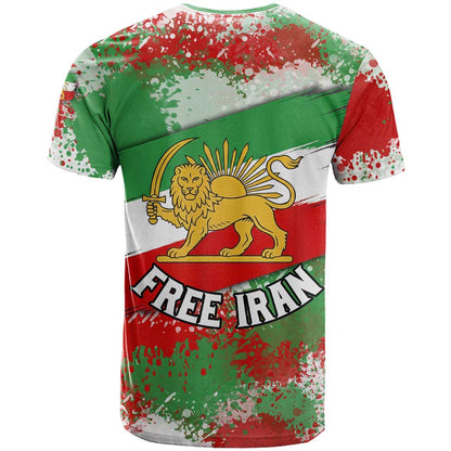 Free Iran T-Shirt Lion and Sun Emblem Grunge Paint Splash Graphic Tee