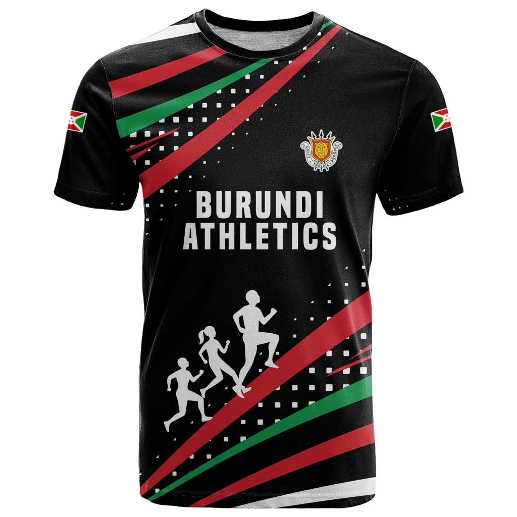 Burundi T-Shirt with Athletics Runners Black Red Green Flag Spirit Graphic Tee
