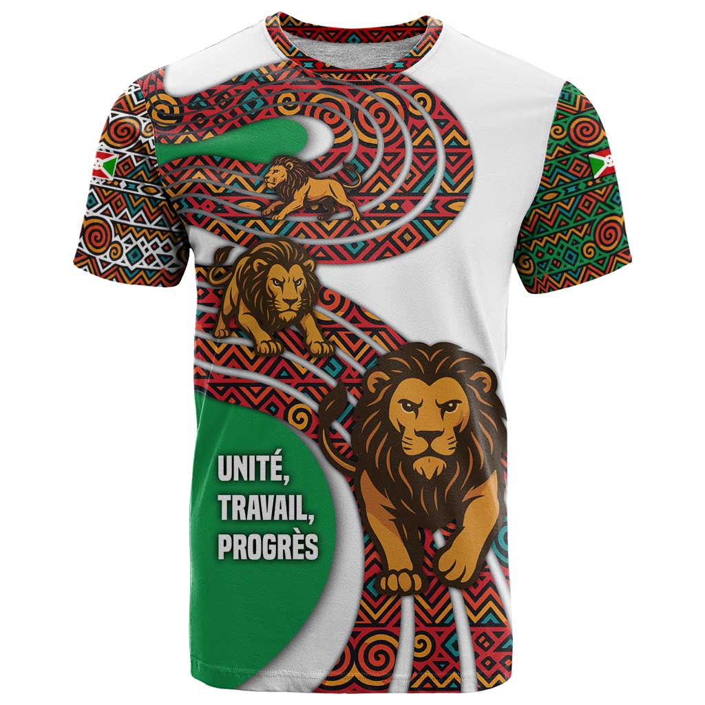 Burundi Lion Tribal Pattern T-Shirt with National Motto Unité Travail Progrès Graphic Tee