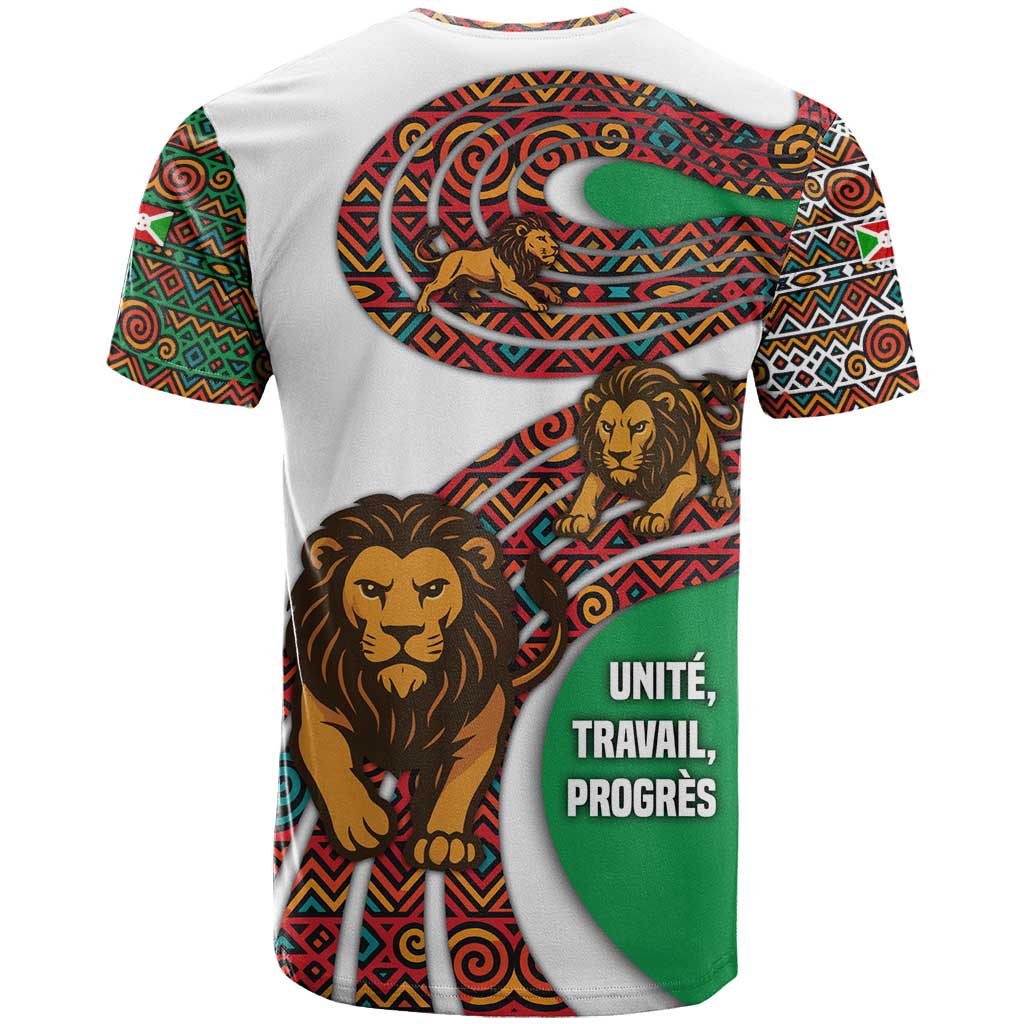 Burundi Lion Tribal Pattern T-Shirt with National Motto Unité Travail Progrès Graphic Tee