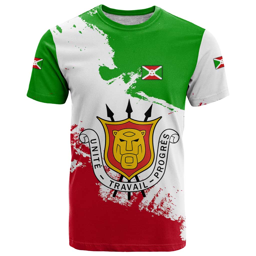 Burundi Flag T-Shirt with National Emblem and Motto Unité Travail Progres Graphic Tee