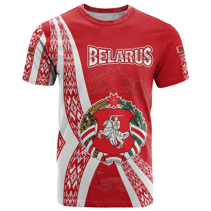 Belarus T-Shirt with National Emblem and Traditional Pattern Red Graphic Tee