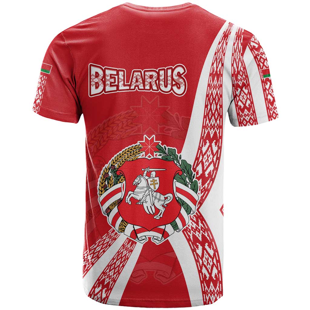 Belarus T-Shirt with National Emblem and Traditional Pattern Red Graphic Tee