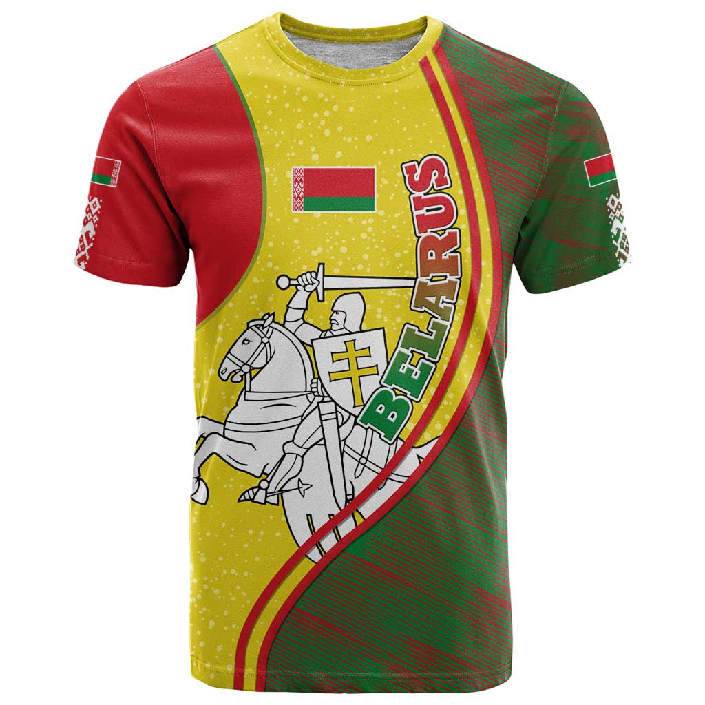 Belarus Pahonia Knight Crest T-Shirt with Red Green Yellow Folk Pattern Design Graphic Tee