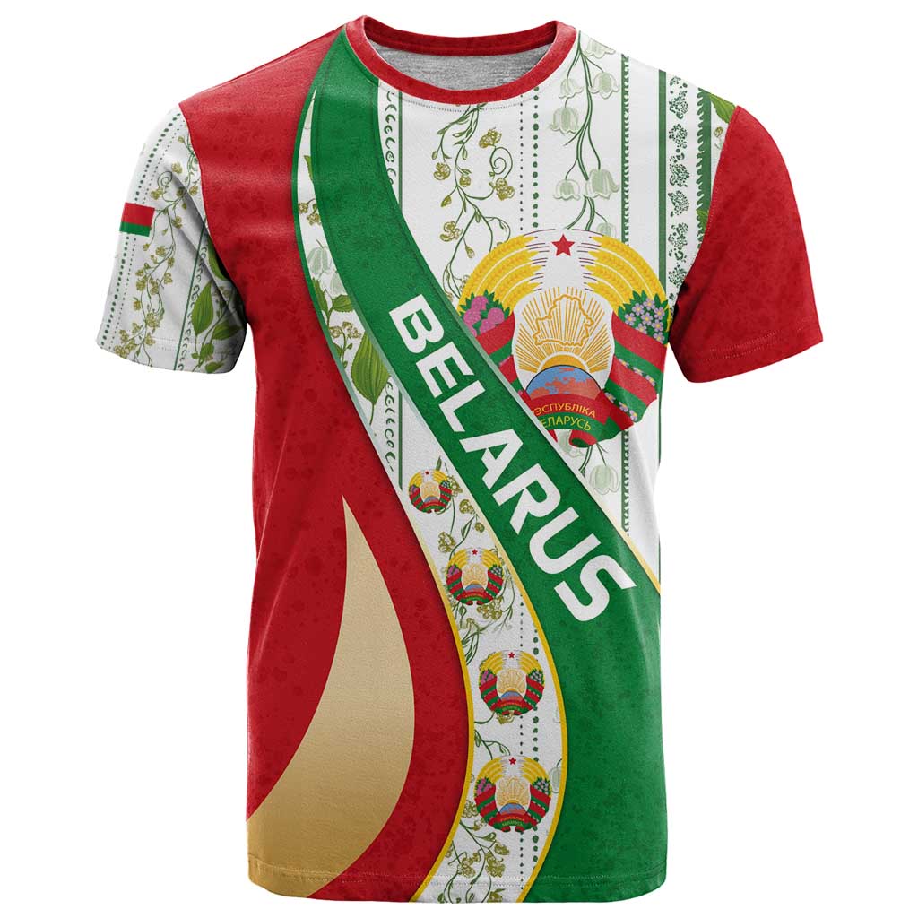 Belarus National Emblem T-Shirt with Green Red Gold Floral Folk Pattern Design Graphic Tee